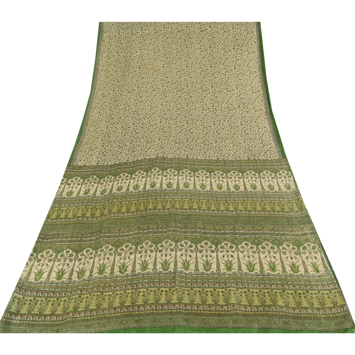 Sanskriti Vintage Sarees Green/Cream Pure Silk Printed Sari Floral Craft Fabric