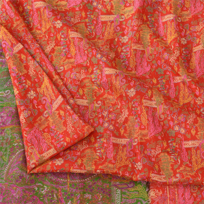 Sanskriti Vintage Sarees From India Red Pure Silk Printed Sari 5yd Craft Fabric