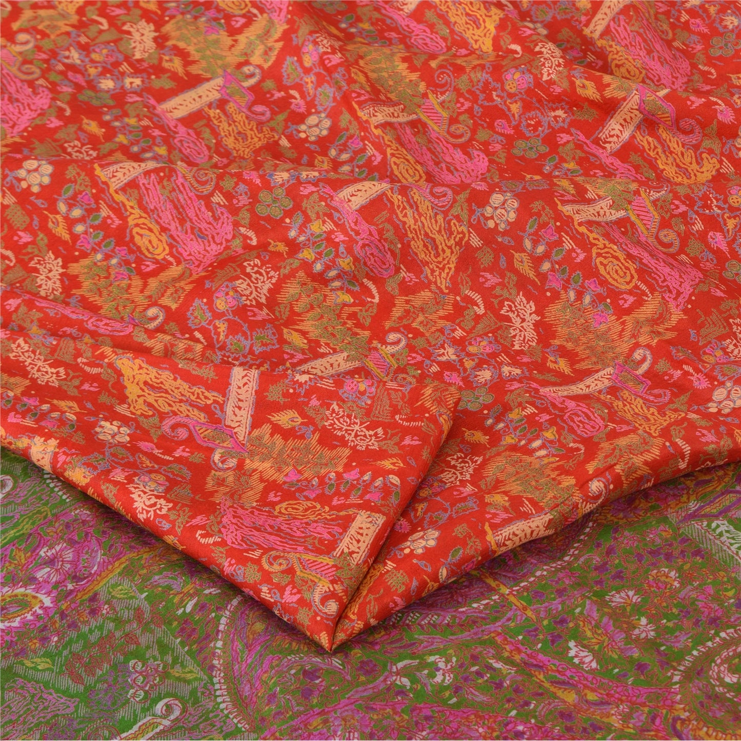 Sanskriti Vintage Sarees From India Red Pure Silk Printed Sari 5yd Craft Fabric