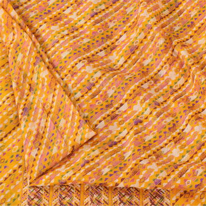 Sanskriti Vintage Sarees Yellow 100% Pure Silk Printed Sari 6 yard Craft Fabric