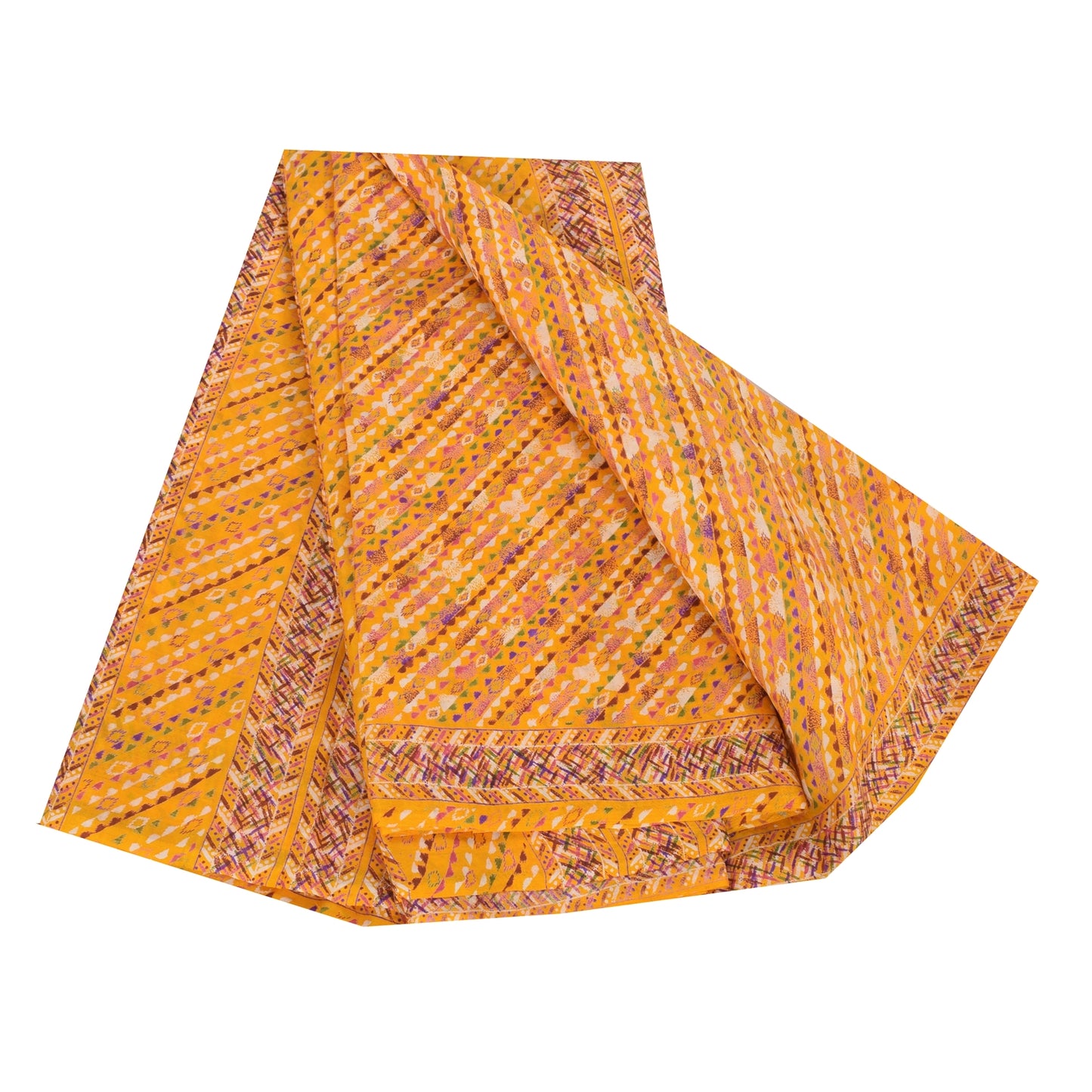 Sanskriti Vintage Sarees Yellow 100% Pure Silk Printed Sari 6 yard Craft Fabric