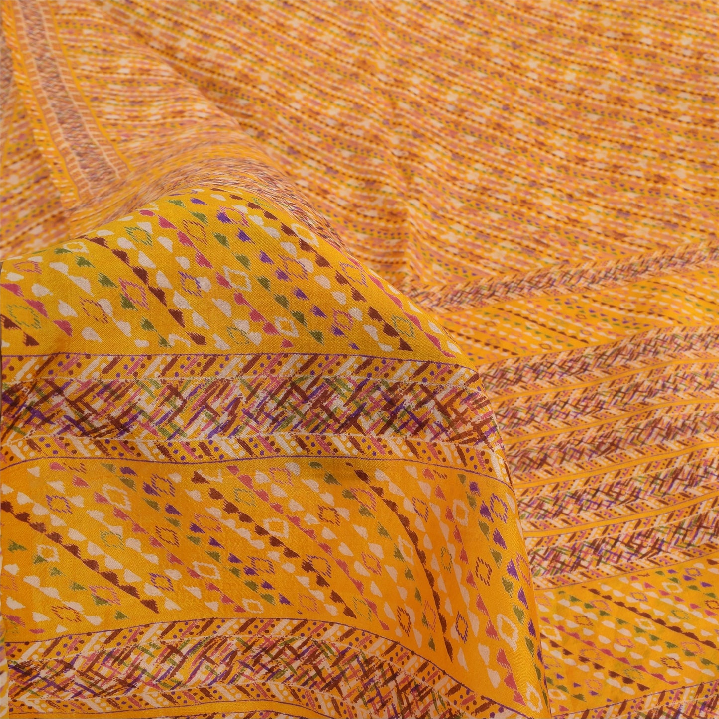 Sanskriti Vintage Sarees Yellow 100% Pure Silk Printed Sari 6 yard Craft Fabric