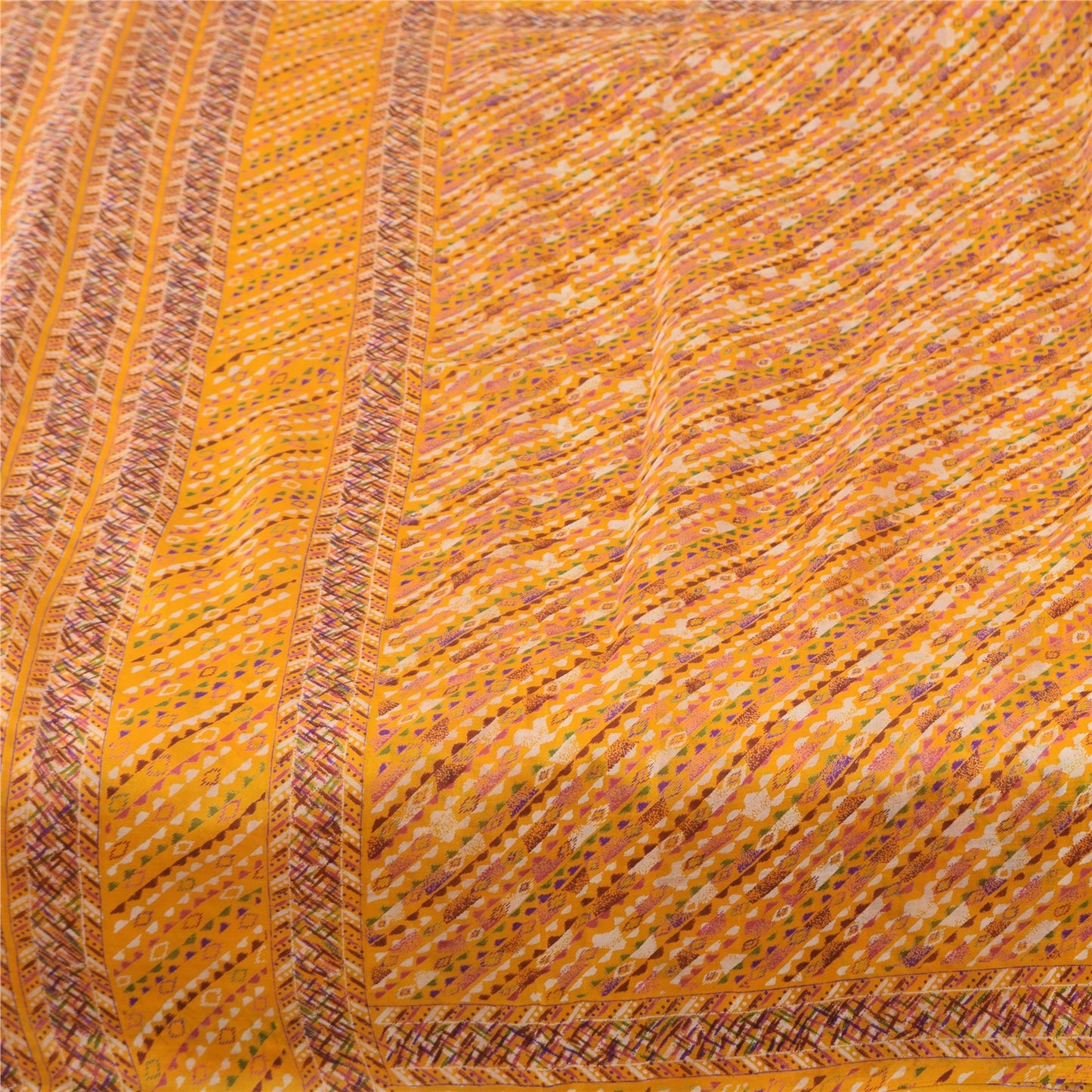 Sanskriti Vintage Sarees Yellow 100% Pure Silk Printed Sari 6 yard Craft Fabric