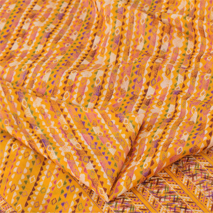 Sanskriti Vintage Sarees Yellow 100% Pure Silk Printed Sari 6 yard Craft Fabric