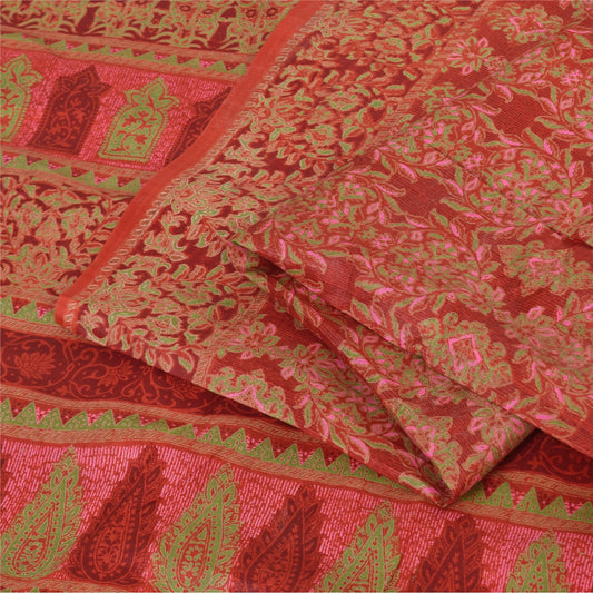 Sanskriti Vintage Sarees Red Indian Pure Silk Printed Sari 5yd Craft Fabric