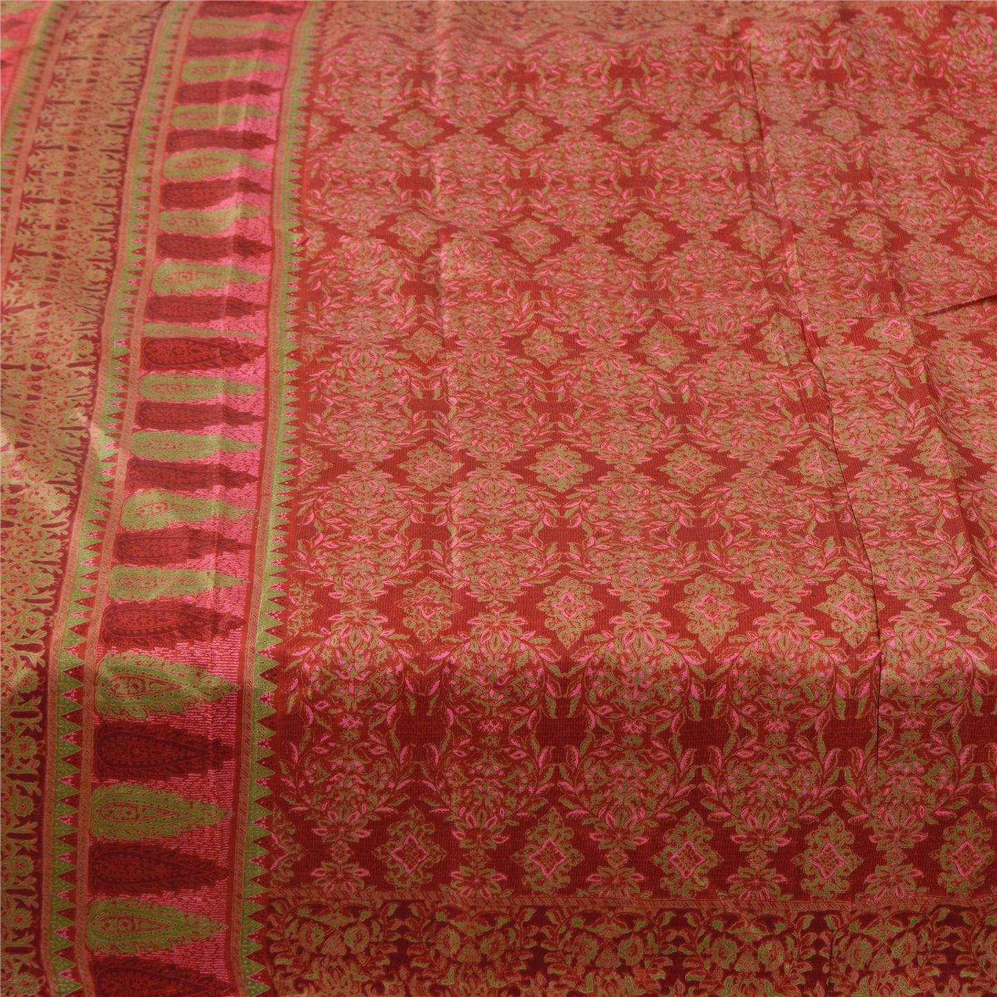 Sanskriti Vintage Sarees Red Indian Pure Silk Printed Sari 5yd Craft Fabric