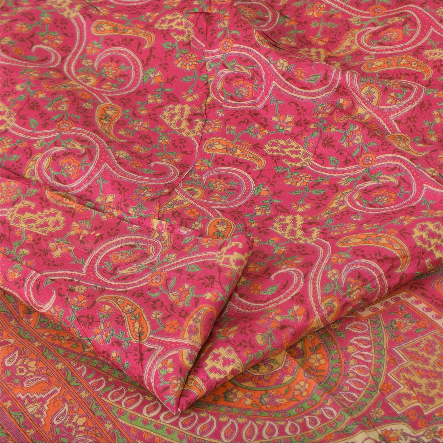 Sanskriti Vintage Sarees Dark Pink 100% Pure Silk Printed Sari 5yd Craft Fabric