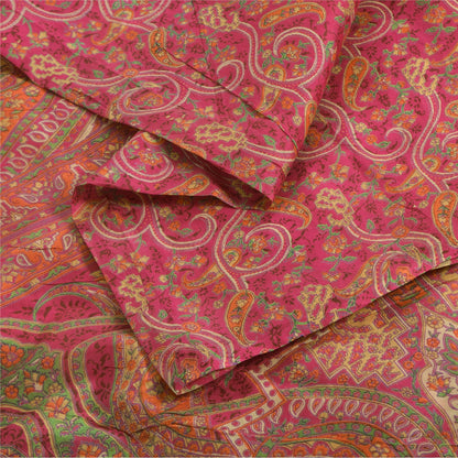 Sanskriti Vintage Sarees Dark Pink 100% Pure Silk Printed Sari 5yd Craft Fabric