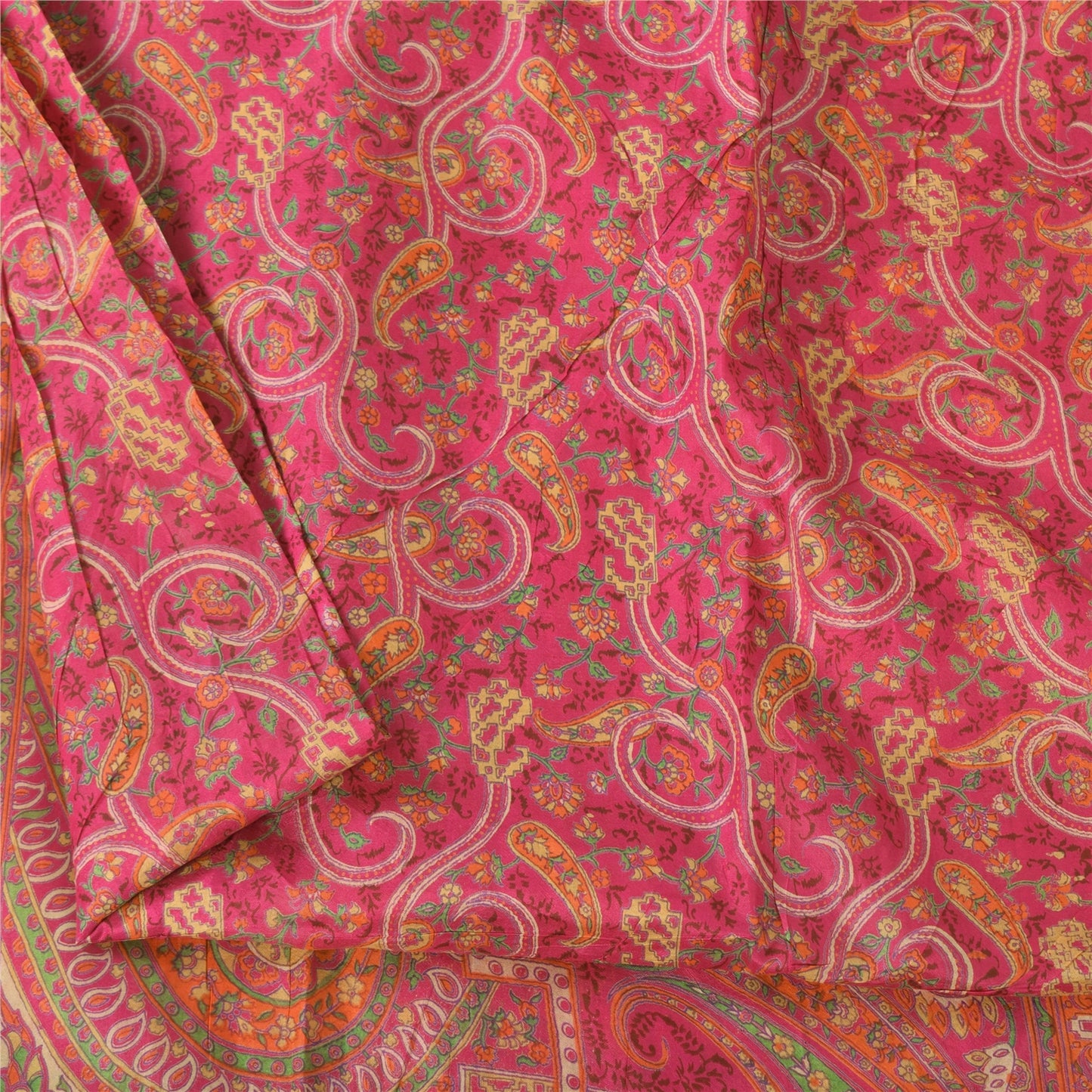 Sanskriti Vintage Sarees Dark Pink 100% Pure Silk Printed Sari 5yd Craft Fabric