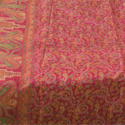 Sanskriti Vintage Sarees Dark Pink 100% Pure Silk Printed Sari 5yd Craft Fabric