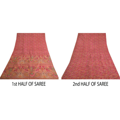 Sanskriti Vintage Sarees Dark Pink 100% Pure Silk Printed Sari 5yd Craft Fabric