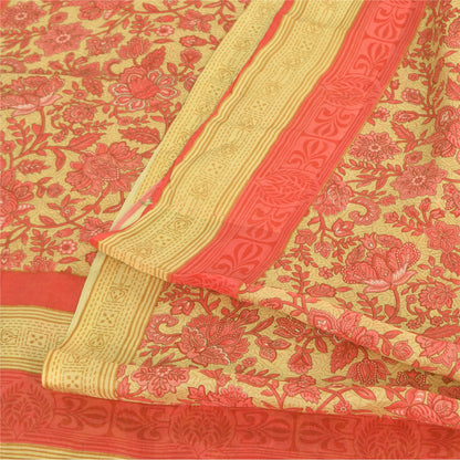 Sanskriti Vintage Sarees Cream/Pink 100% Pure Silk Printed Sari 5yd Craft Fabric