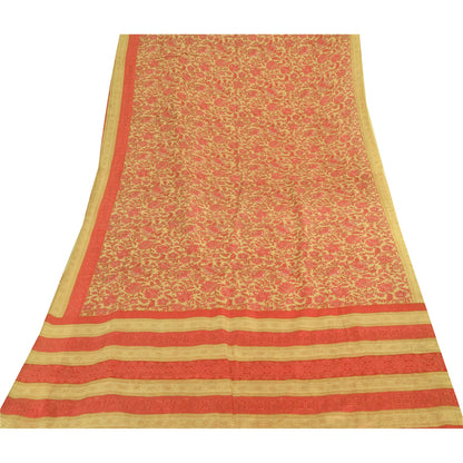 Sanskriti Vintage Sarees Cream/Pink 100% Pure Silk Printed Sari 5yd Craft Fabric