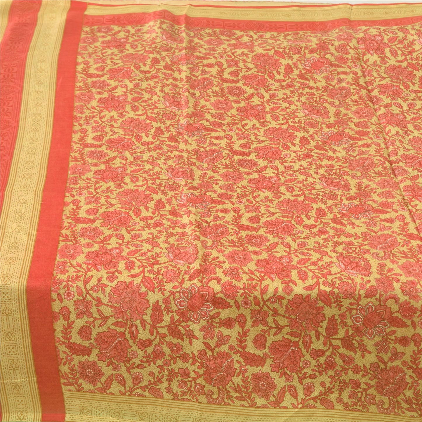 Sanskriti Vintage Sarees Cream/Pink 100% Pure Silk Printed Sari 5yd Craft Fabric