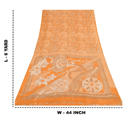 Sanskriti Vintage Sarees Orange Indian Pure Silk Printed Sari 6yd Craft Fabric