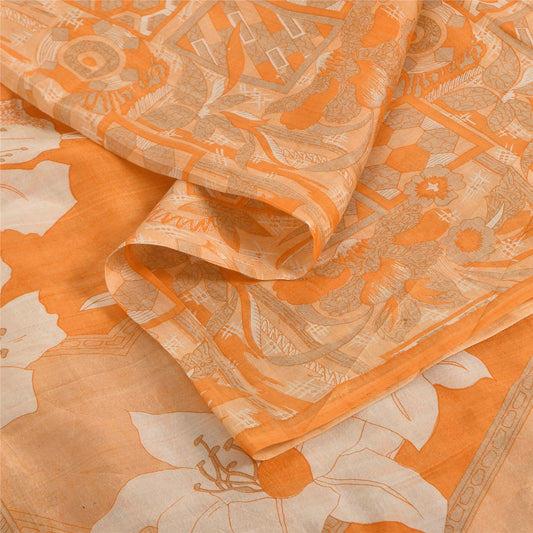 Sanskriti Vintage Sarees Orange Indian Pure Silk Printed Sari 6yd Craft Fabric