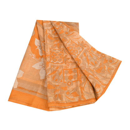 Sanskriti Vintage Sarees Orange Indian Pure Silk Printed Sari 6yd Craft Fabric