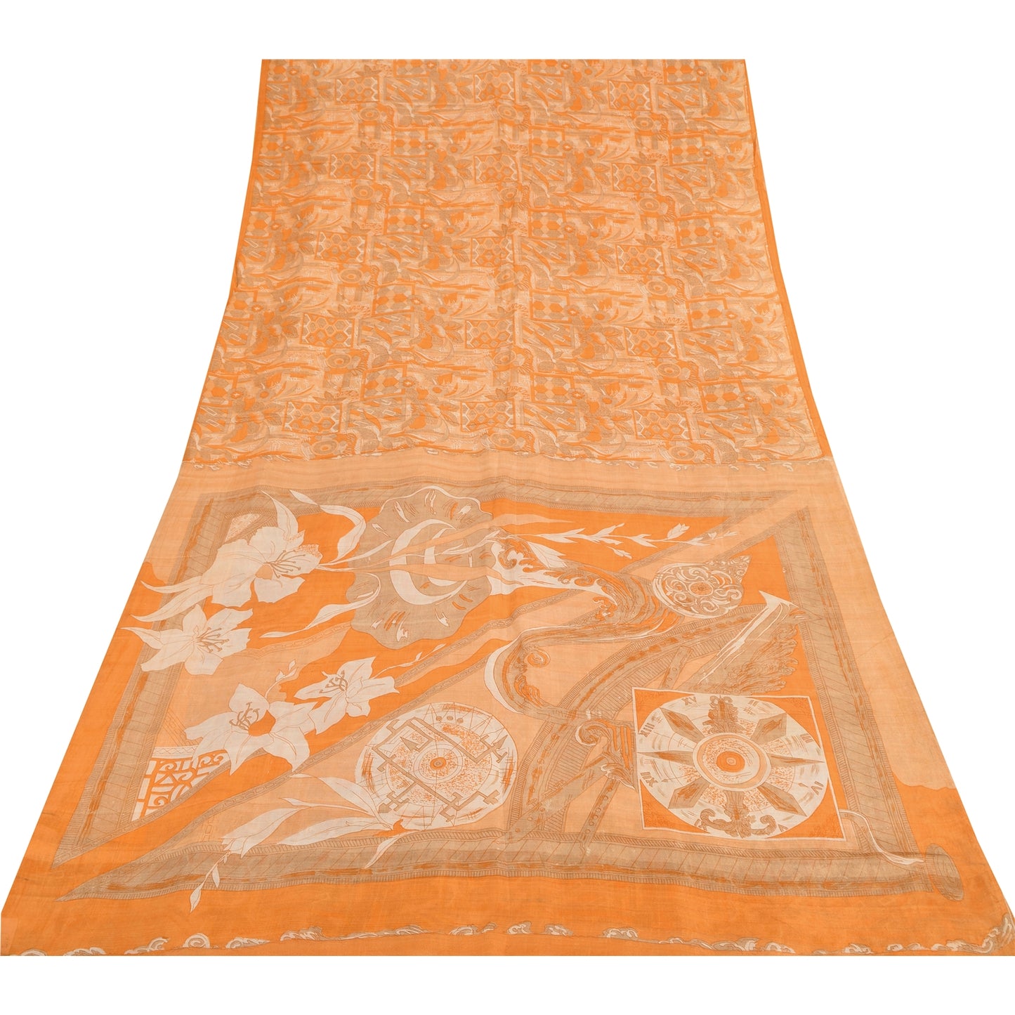 Sanskriti Vintage Sarees Orange Indian Pure Silk Printed Sari 6yd Craft Fabric