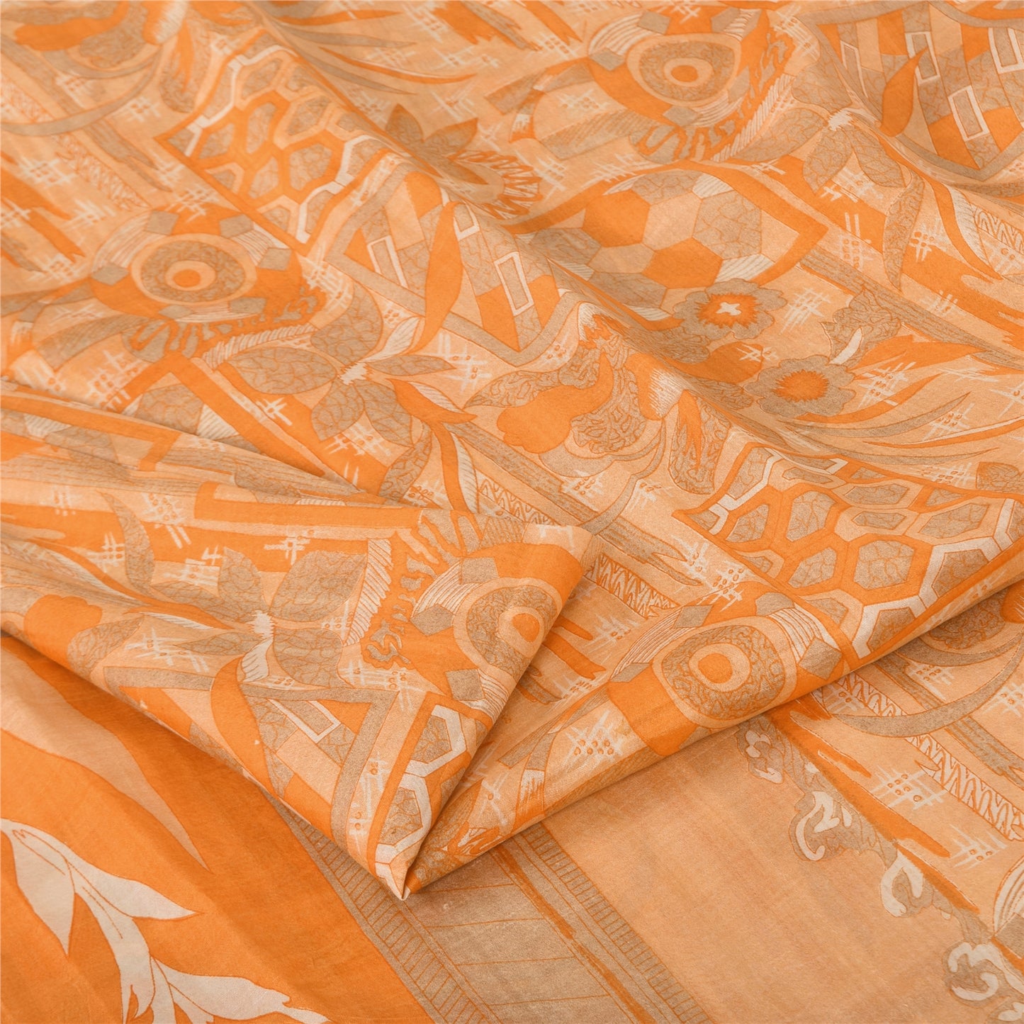 Sanskriti Vintage Sarees Orange Indian Pure Silk Printed Sari 6yd Craft Fabric