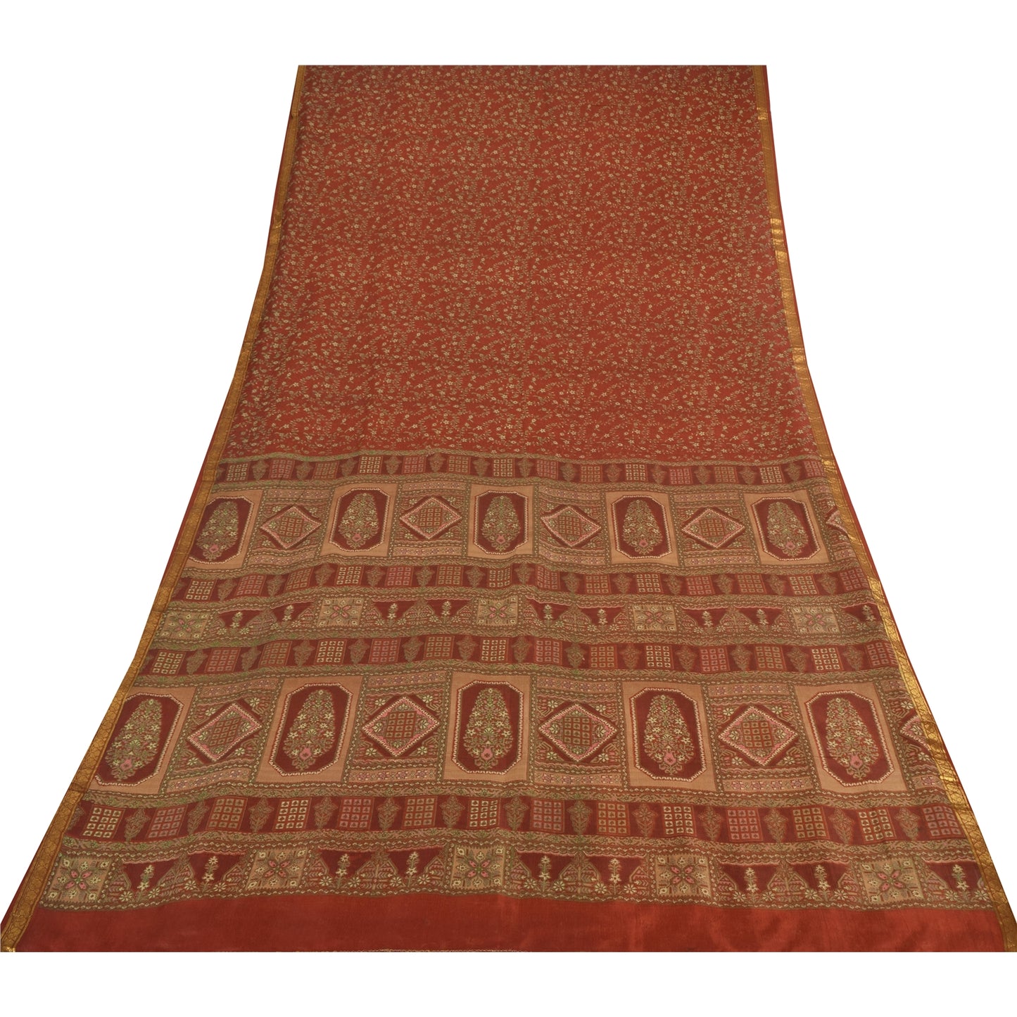 Sanskriti Vintage Sarees Orange Zari Border Pure Silk Printed Sari Craft Fabric