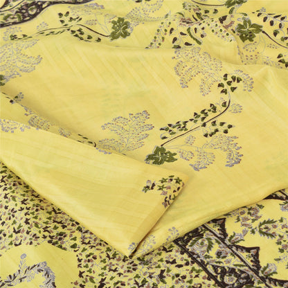 Sanskriti Vintage Sarees Yellow 100% Pure Silk Printed Sari 6yd Craft Fabric