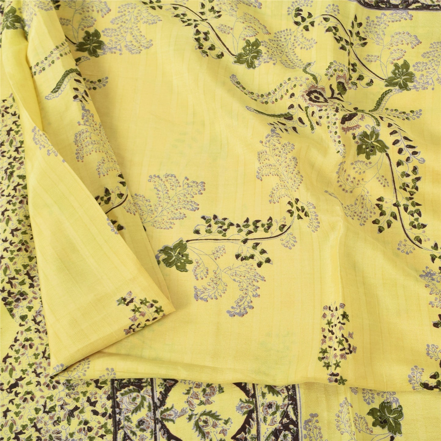 Sanskriti Vintage Sarees Yellow 100% Pure Silk Printed Sari 6yd Craft Fabric