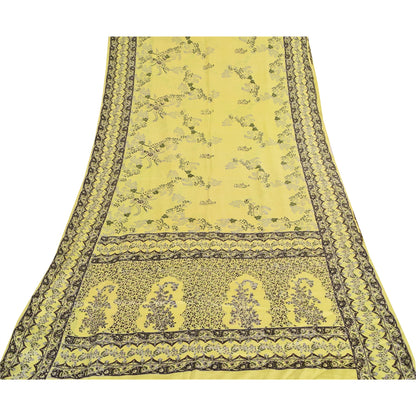 Sanskriti Vintage Sarees Yellow 100% Pure Silk Printed Sari 6yd Craft Fabric