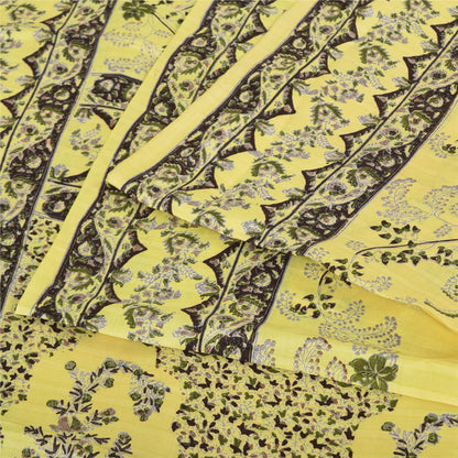 Sanskriti Vintage Sarees Yellow 100% Pure Silk Printed Sari 6yd Craft Fabric