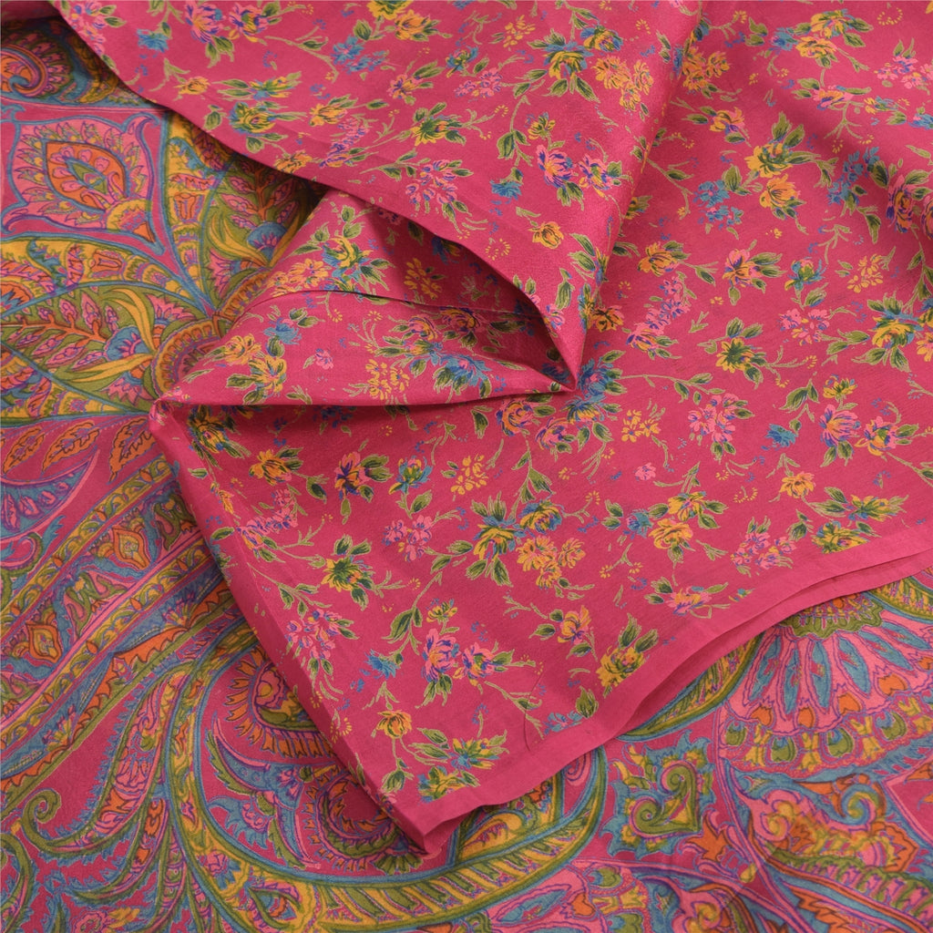 Sanskriti Vintage Sarees Dark Pink 100% Pure Silk Printed Sari 6yd Craft Fabric