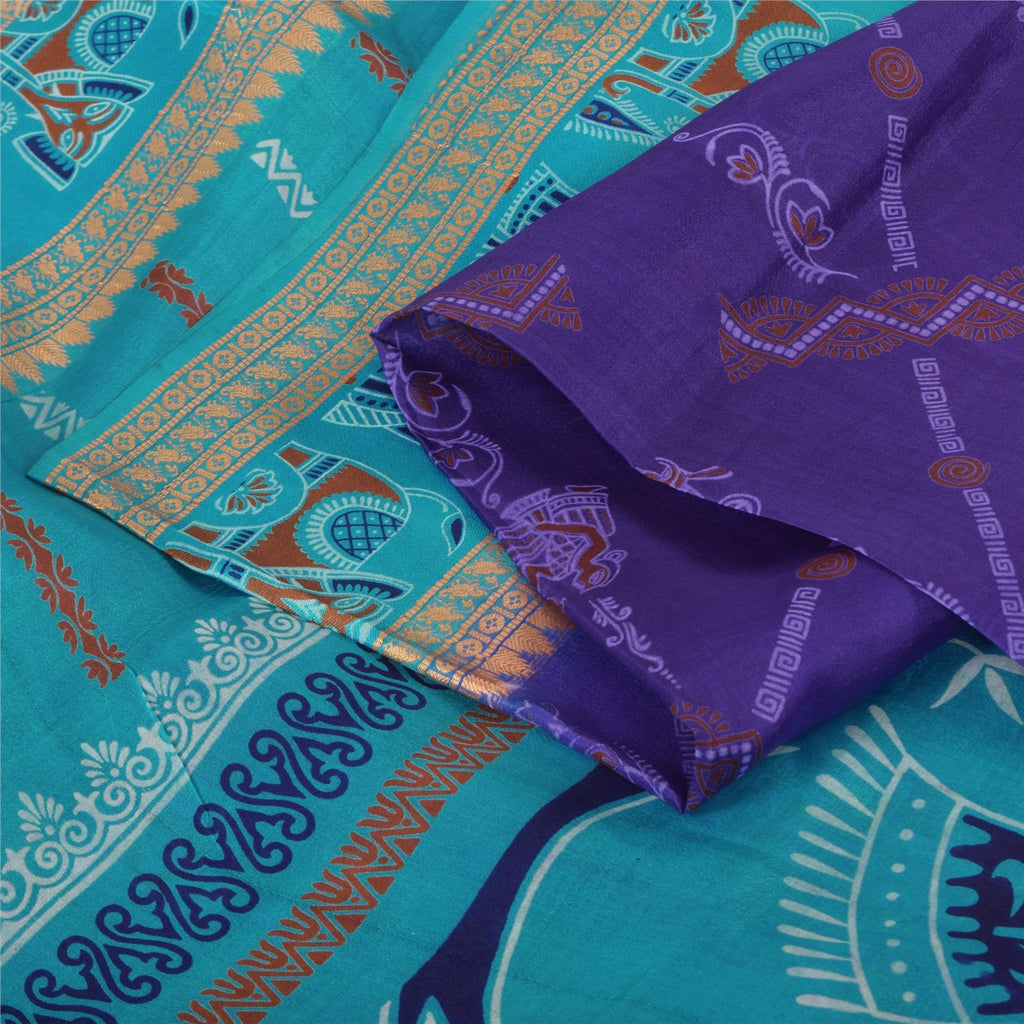 Sanskriti Vintage Sarees Purple/Blue Pure Silk Animal Printed Sari 5yd Fabric