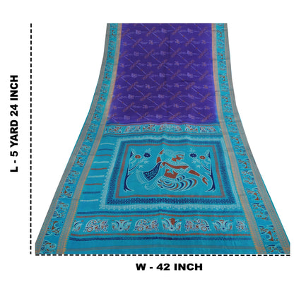 Sanskriti Vintage Sarees Purple/Blue Pure Silk Animal Printed Sari 5yd Fabric