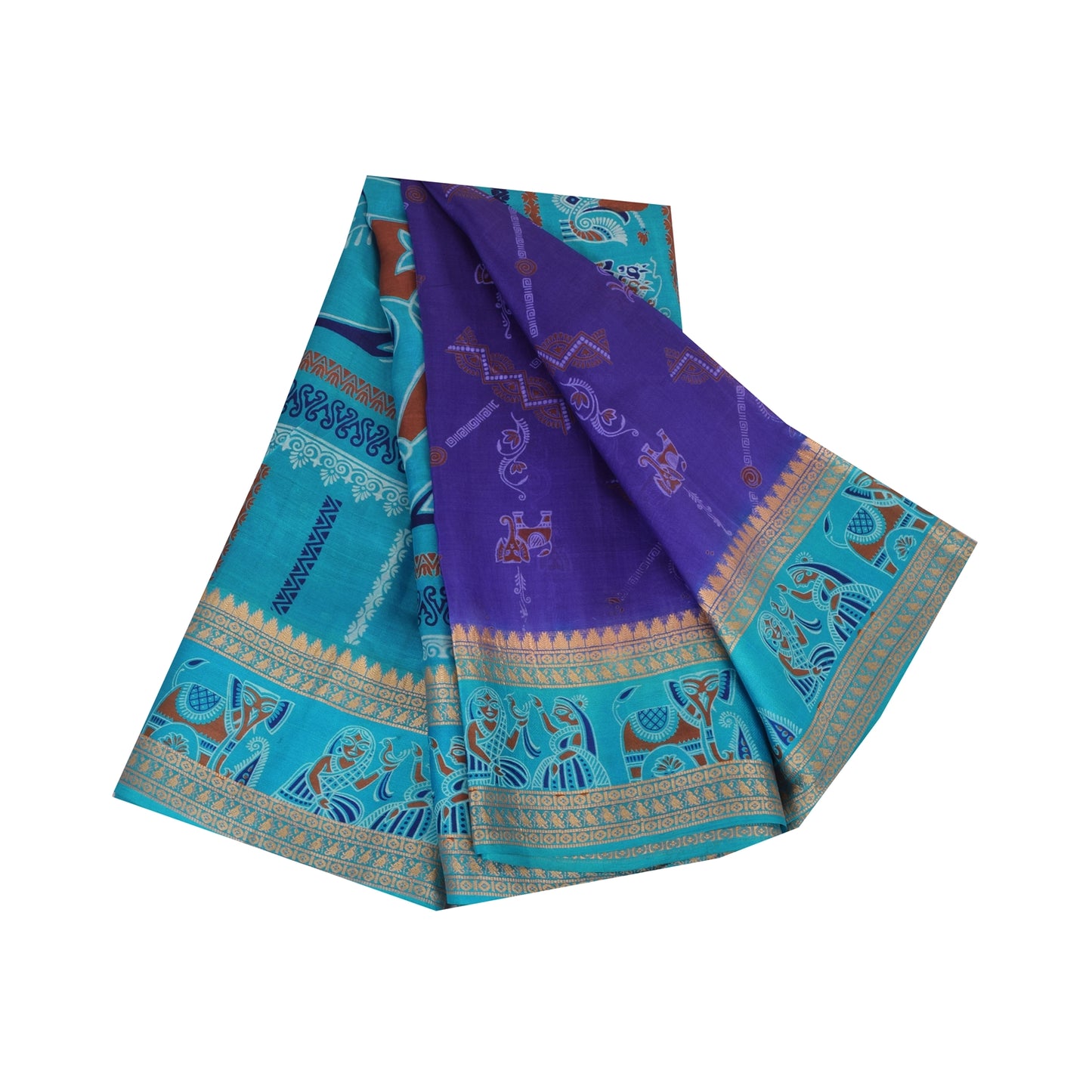 Sanskriti Vintage Sarees Purple/Blue Pure Silk Animal Printed Sari 5yd Fabric