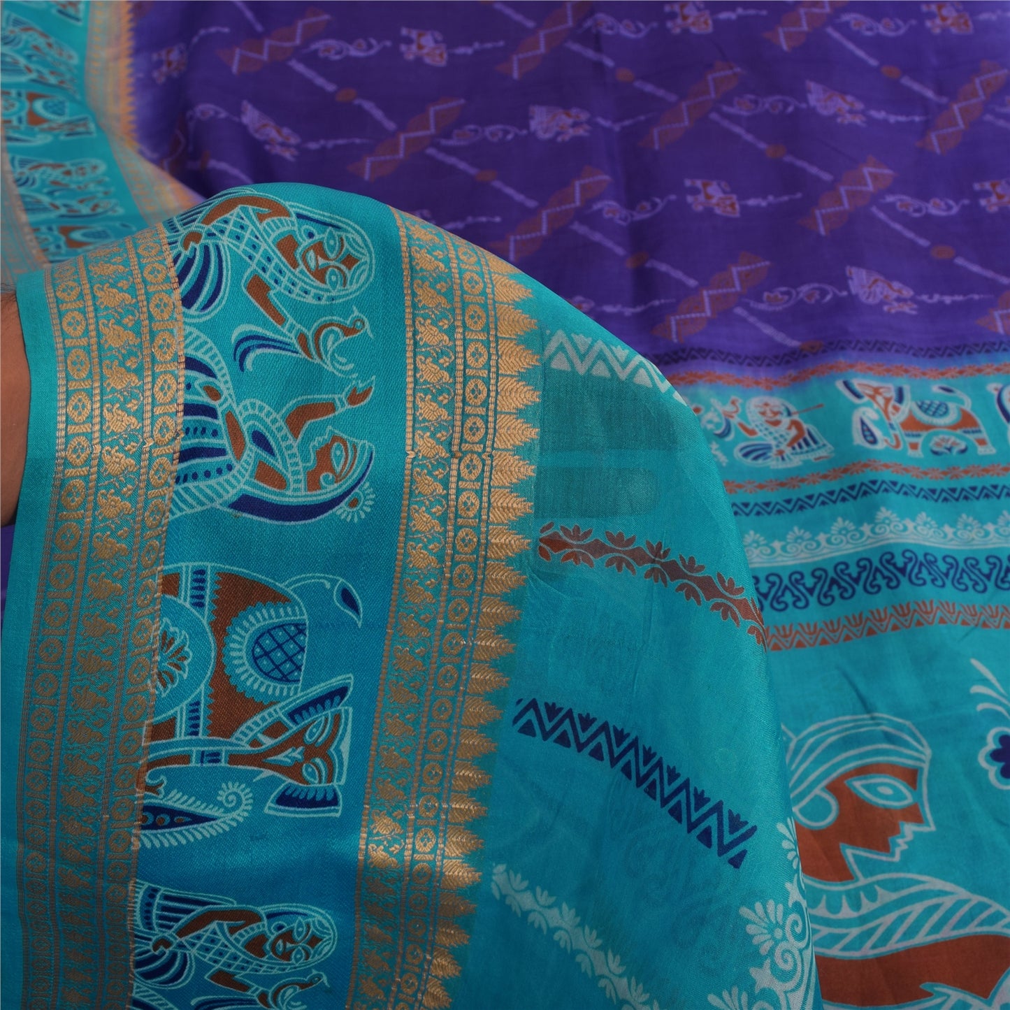 Sanskriti Vintage Sarees Purple/Blue Pure Silk Animal Printed Sari 5yd Fabric