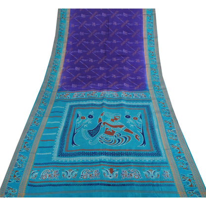 Sanskriti Vintage Sarees Purple/Blue Pure Silk Animal Printed Sari 5yd Fabric