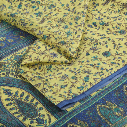 Sanskriti Vintage Sarees Green/Blue 100% Pure Silk Printed Sari 5yd Craft Fabric