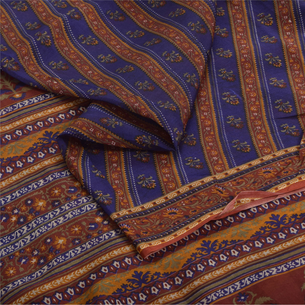 Sanskriti Vintage Sarees Blue/Orange Pure Silk Printed Sari 5yd Craft Fabric