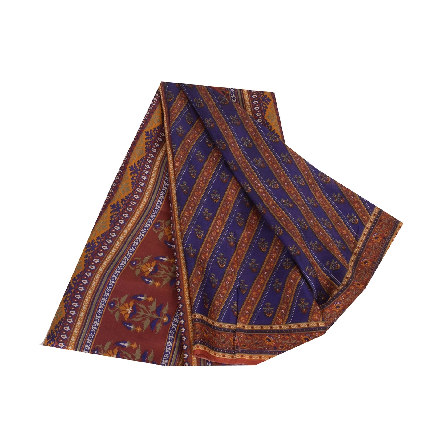 Sanskriti Vintage Sarees Blue/Orange Pure Silk Printed Sari 5yd Craft Fabric