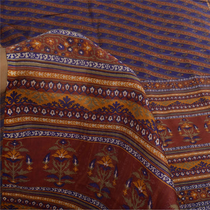 Sanskriti Vintage Sarees Blue/Orange Pure Silk Printed Sari 5yd Craft Fabric