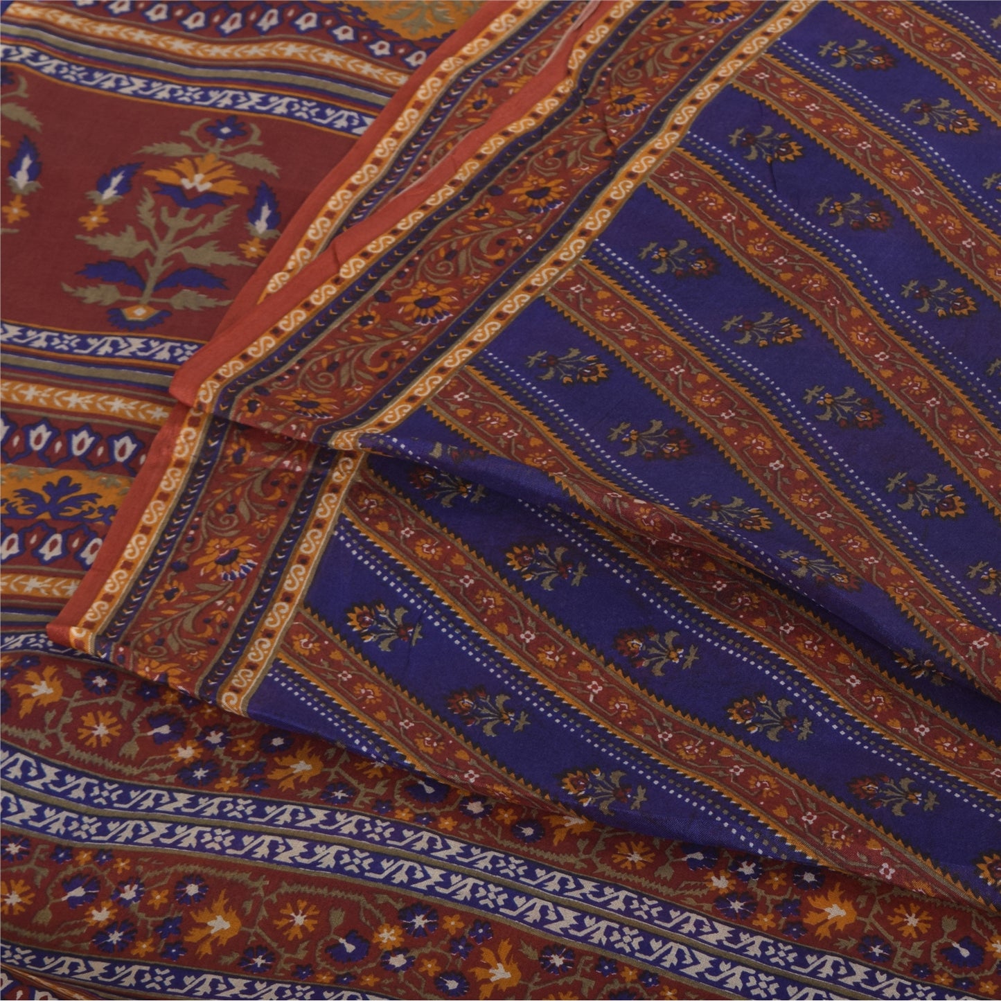 Sanskriti Vintage Sarees Blue/Orange Pure Silk Printed Sari 5yd Craft Fabric