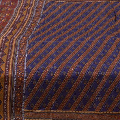 Sanskriti Vintage Sarees Blue/Orange Pure Silk Printed Sari 5yd Craft Fabric