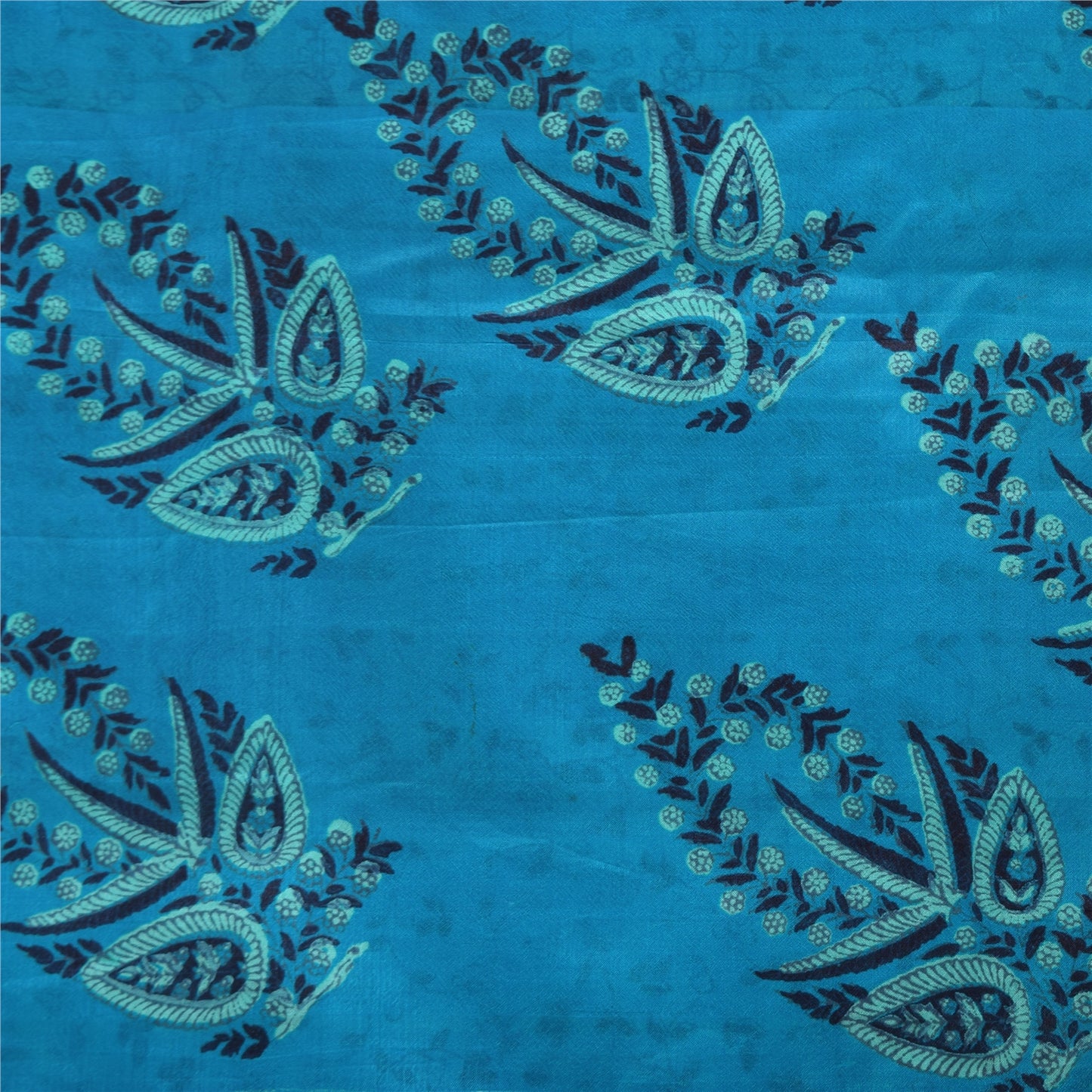 Sanskriti Vintage Sarees Ivory/Blue 100% Pure Silk Printed Sari 5yd Craft Fabric