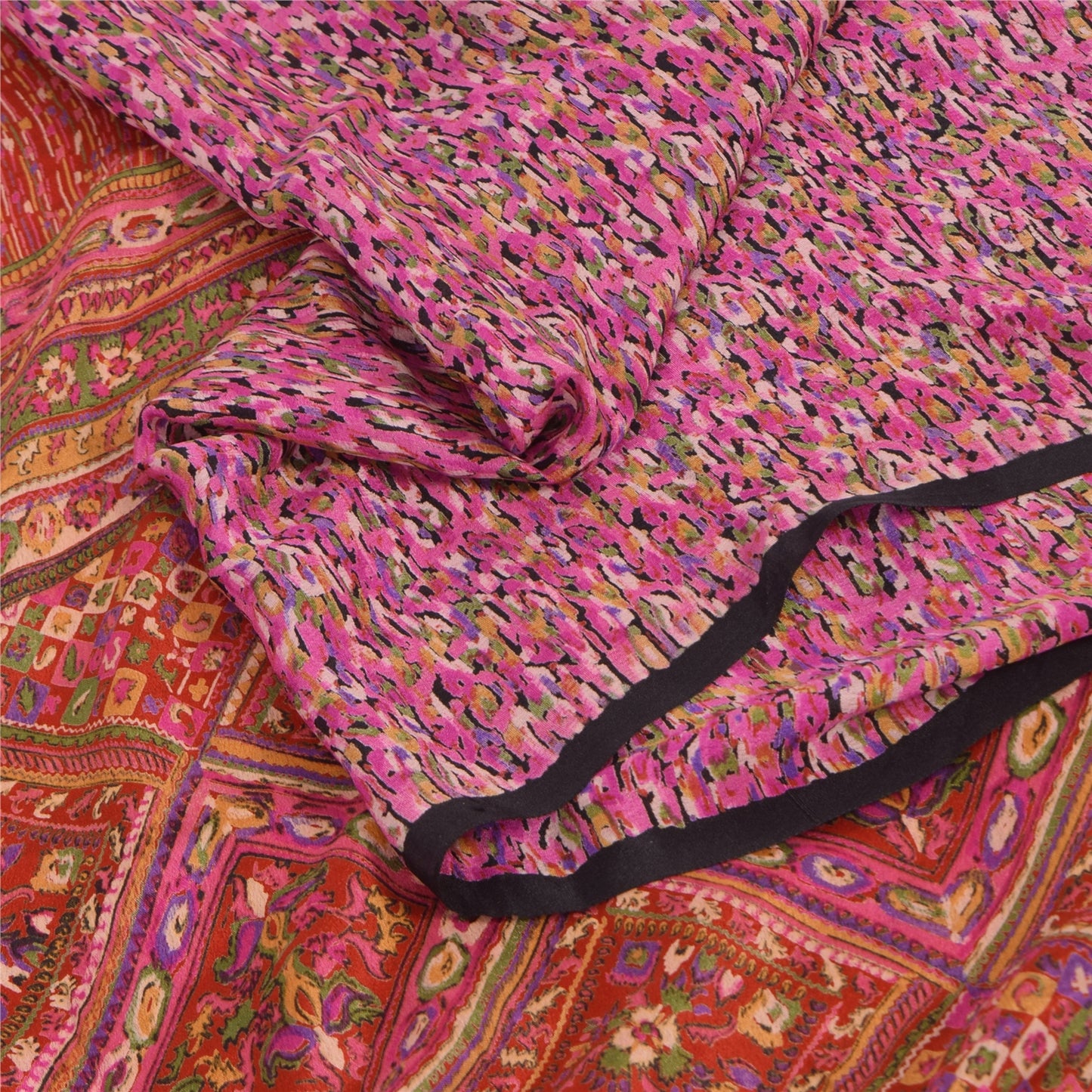 Sanskriti Vintage Sarees Pink Indian 100%Pure Silk Printed Sari 6yd Craft Fabric