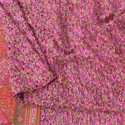 Sanskriti Vintage Sarees Pink Indian 100%Pure Silk Printed Sari 6yd Craft Fabric