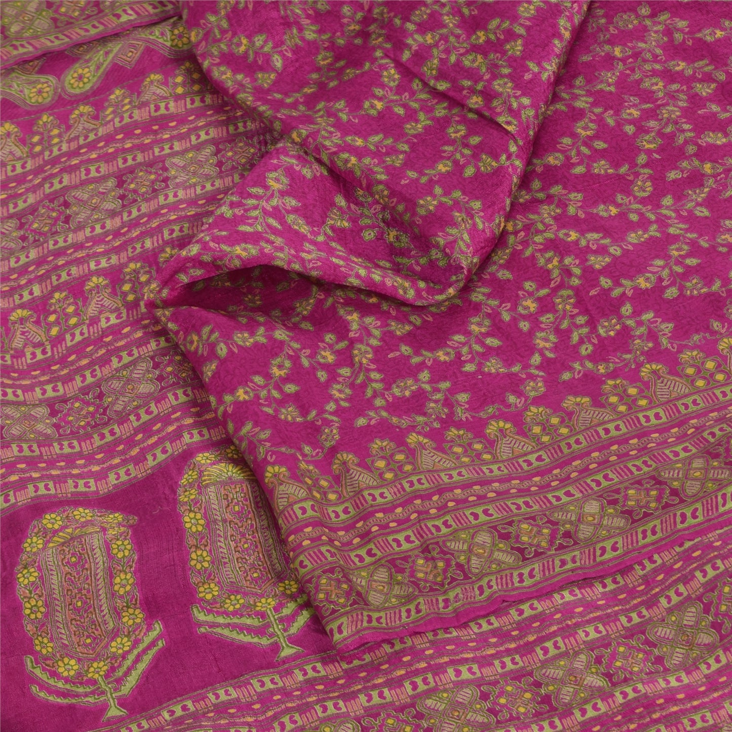 Sanskriti Vintage Sarees Dark Pink 100% Pure Silk Printed Sari 5yd Craft Fabric