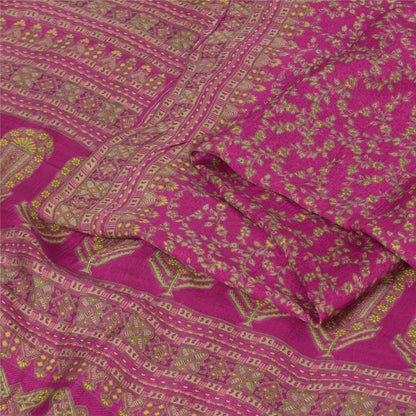 Sanskriti Vintage Sarees Dark Pink 100% Pure Silk Printed Sari 5yd Craft Fabric