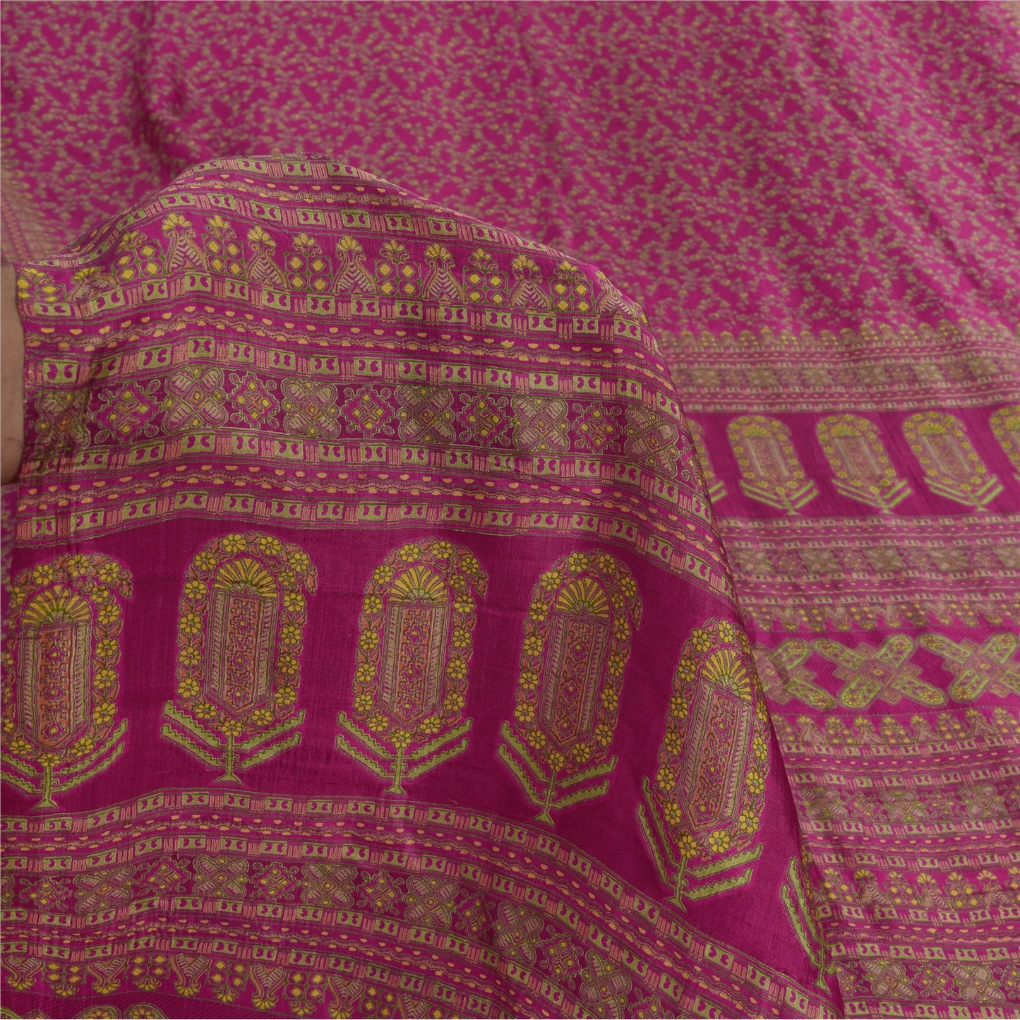 Sanskriti Vintage Sarees Dark Pink 100% Pure Silk Printed Sari 5yd Craft Fabric