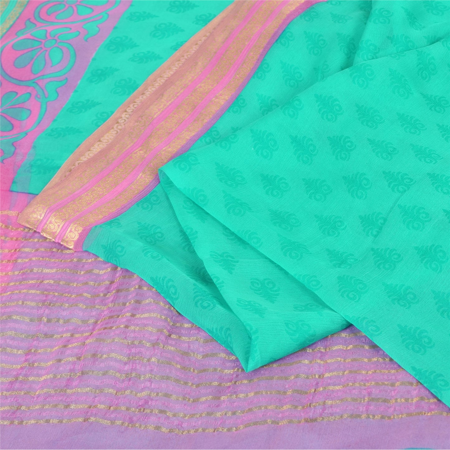 Sanskriti Vintage Sarees Sea-Green Pure Chiffon Silk Block Print Sari 6yd Fabric