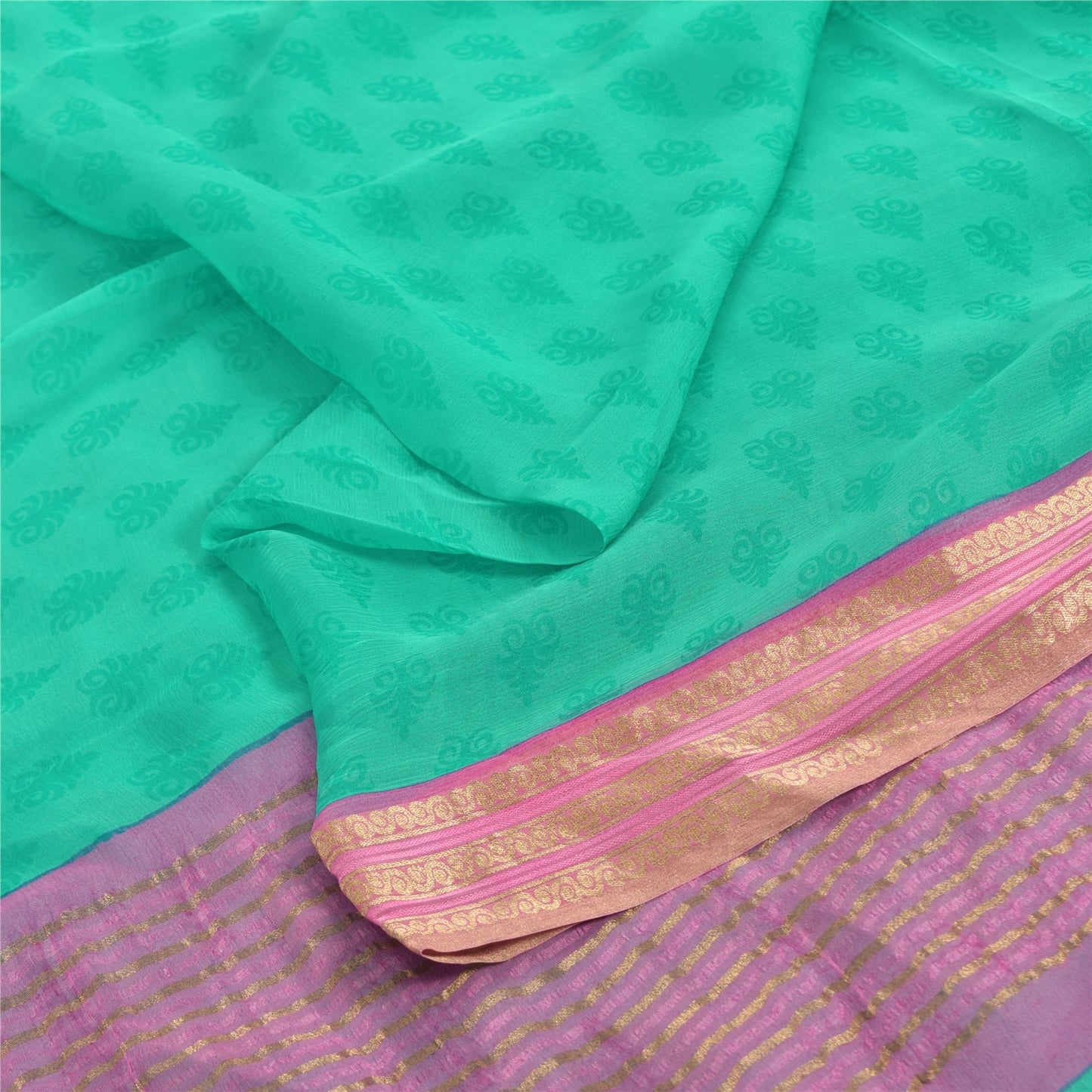 Sanskriti Vintage Sarees Sea-Green Pure Chiffon Silk Block Print Sari 6yd Fabric