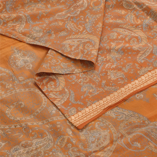 Sanskriti Vintage Sarees Saffron Indian Pure Silk Printed Sari 6yd Craft Fabric