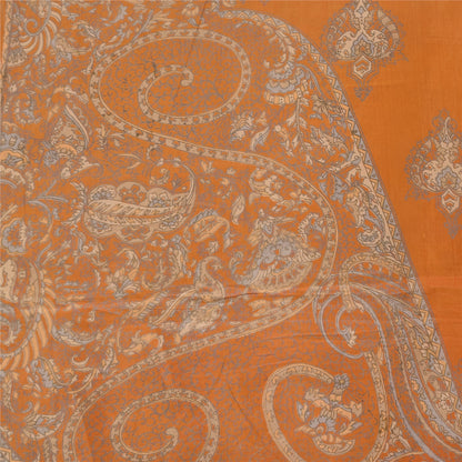 Sanskriti Vintage Sarees Saffron Indian Pure Silk Printed Sari 6yd Craft Fabric